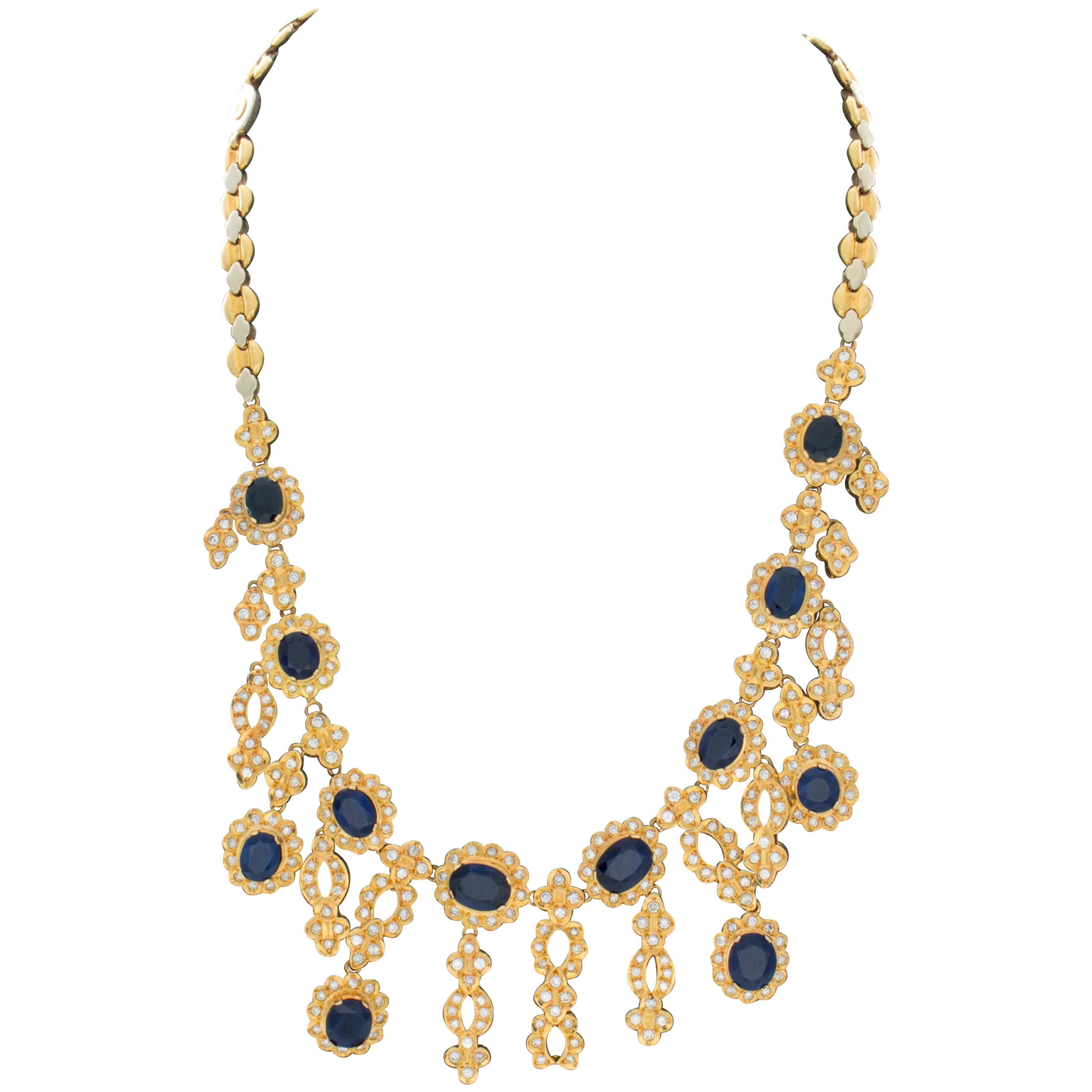 18 Karat Yellow and White Gold 30.48 Carat Sapphire and Diamond Necklace For Sale