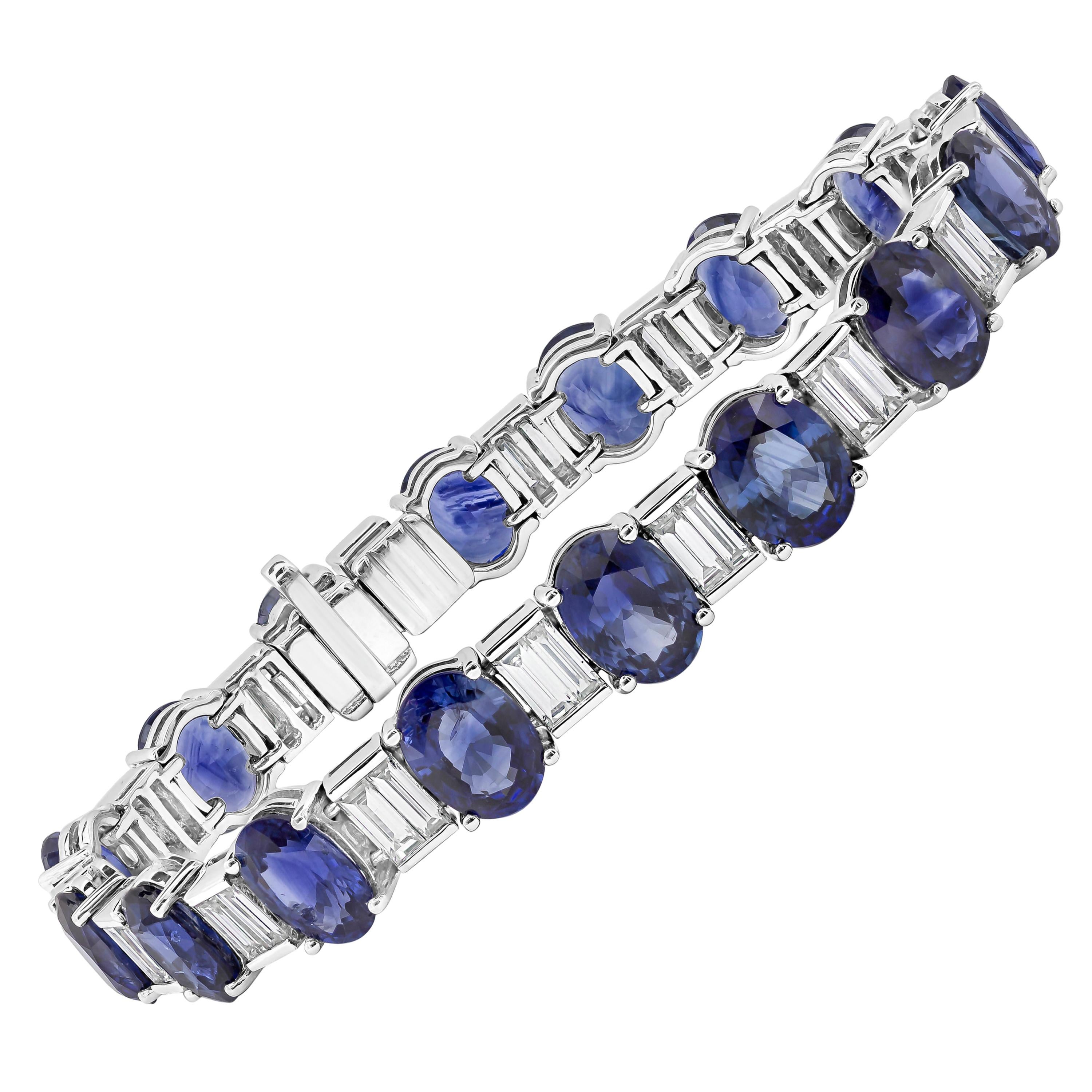 33.66 Carats Total Oval Cut Blue Sapphire & Baguette Cut Diamond Tennis Bracelet