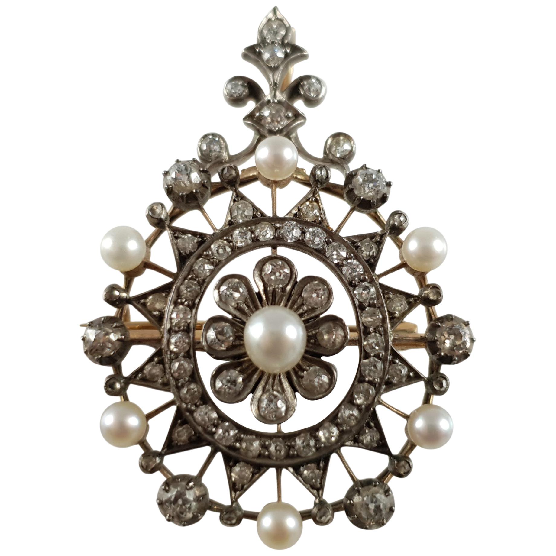 Victorian 15 Karat Gold, Silver, Diamond, and Pearl Pendant Brooch, circa 1880