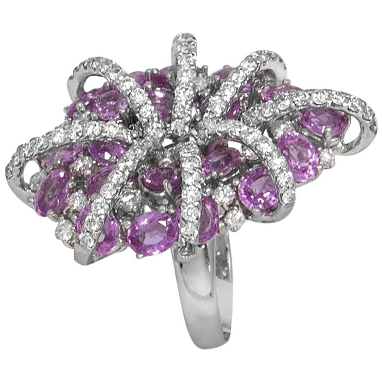 Oval Pink Sapphires Diamond Cocktail Statement Ring in 18 Karat White Gold For Sale