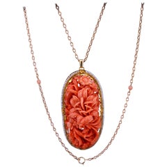 Antique Victorian Carved Coral and Pearl Gold Pendant