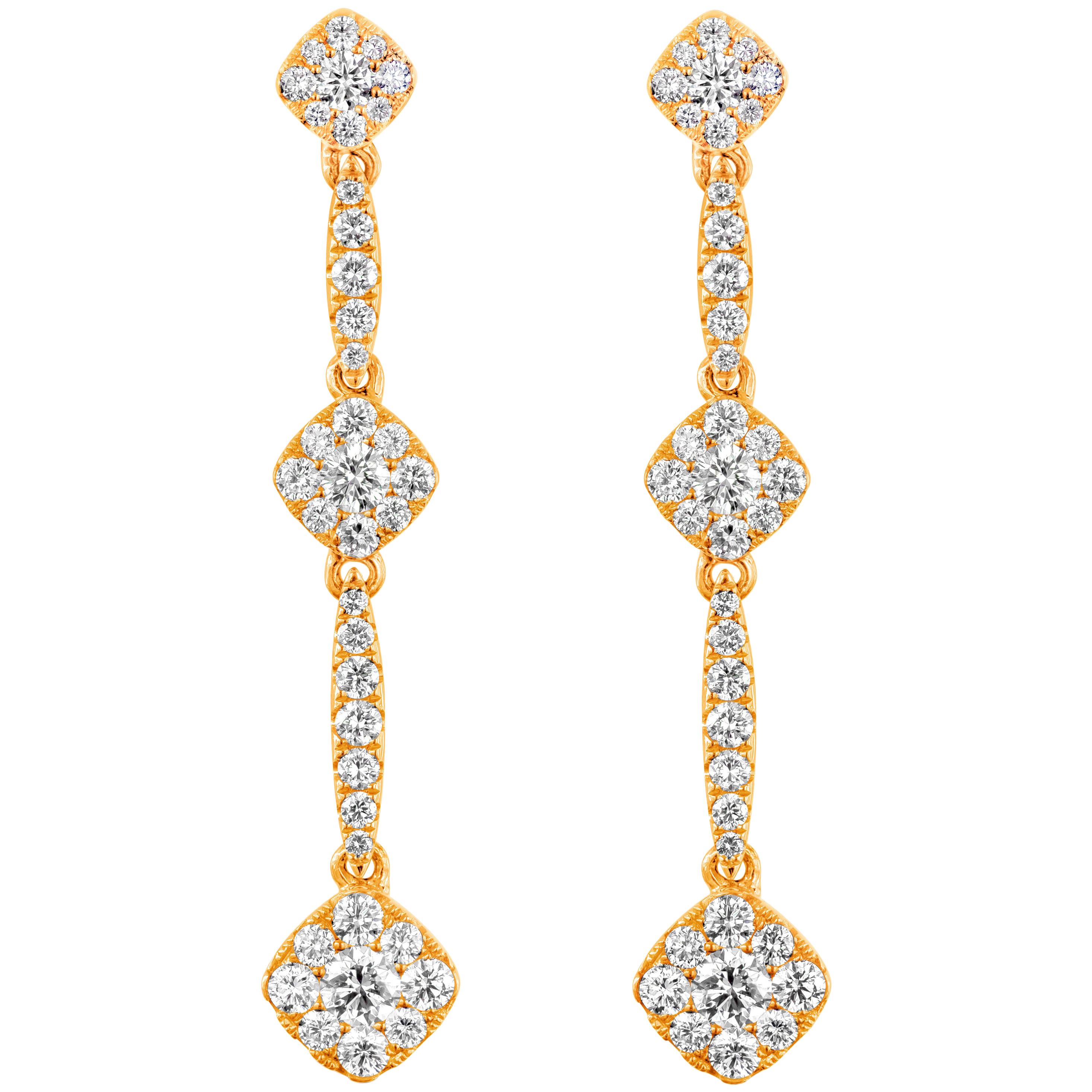 Roman Malakov 1.03 Carat Total Cluster Diamond Drop Earrings in Rose Gold For Sale