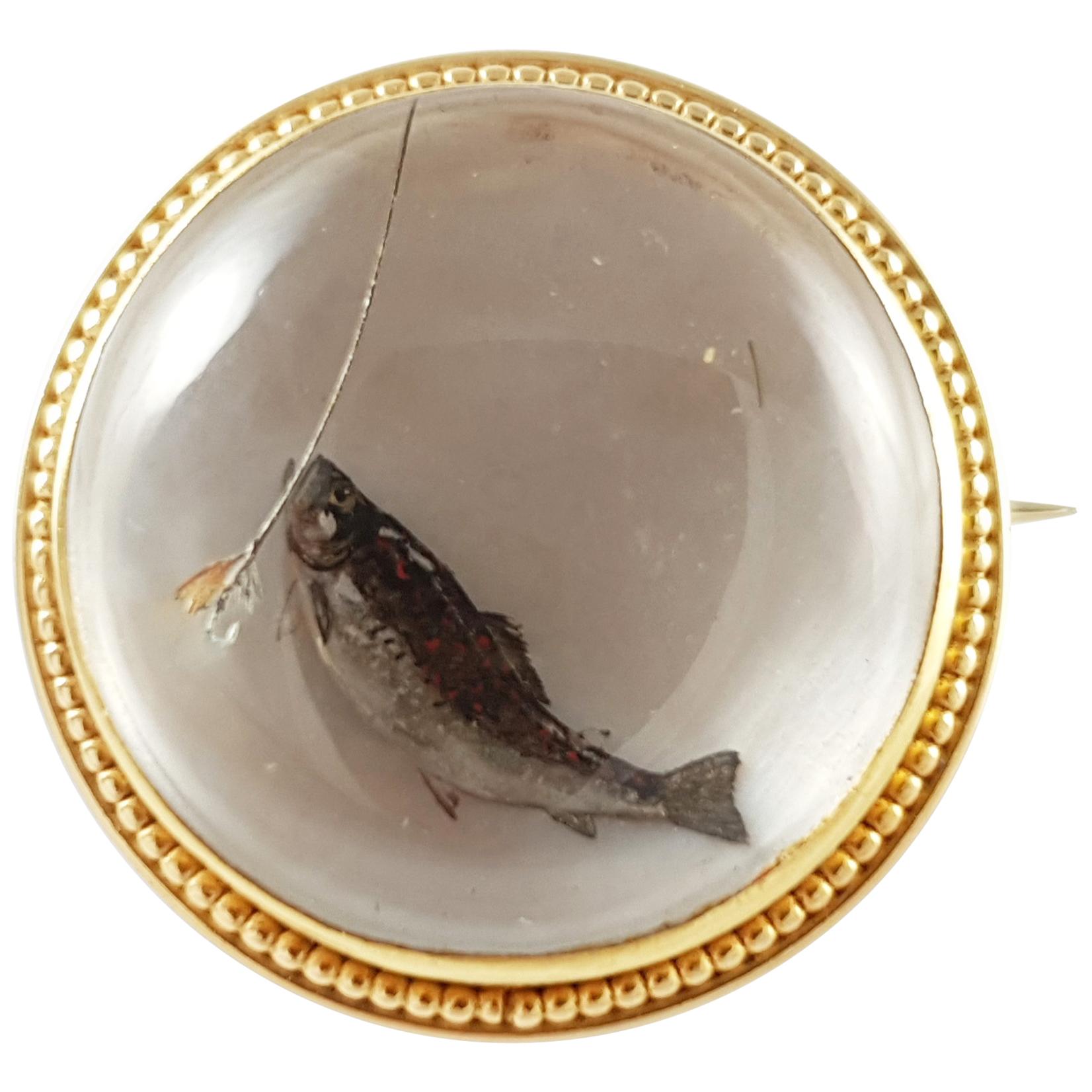 Early 20th Century 14 Karat Reverse-Carved Crystal Intaglio Fishing Brooch