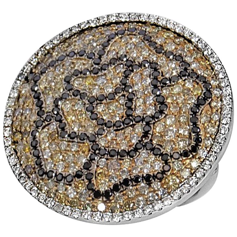 Round Ring Set with Fancy Color and Black Diamonds in 18 Karat White Gold Floral For Sale