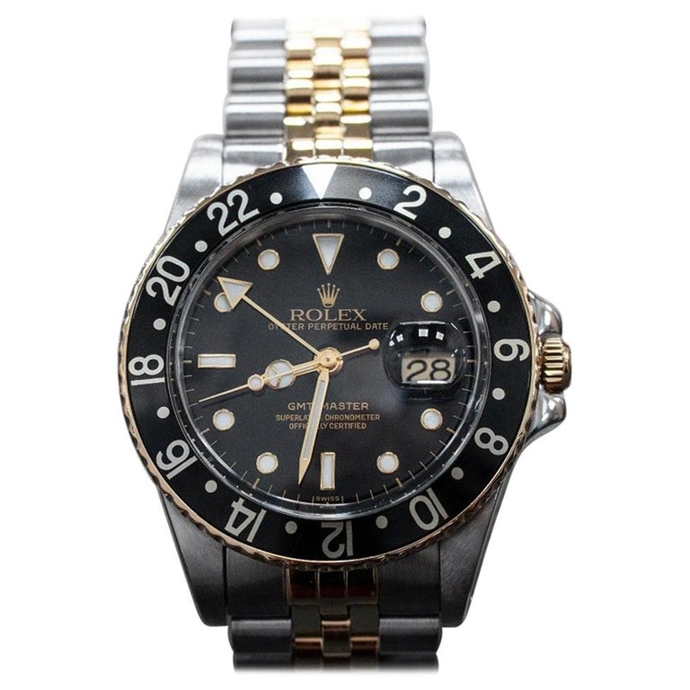 1980 Rolex GMT Master 16753 18 Karat Yellow Gold and Stainless Steel Black  Dial at 1stDibs