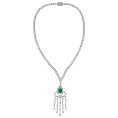 Vintage Emerald Cut Colombian Emerald & Diamond Drop & Riviera Changeable Necklace Plat 