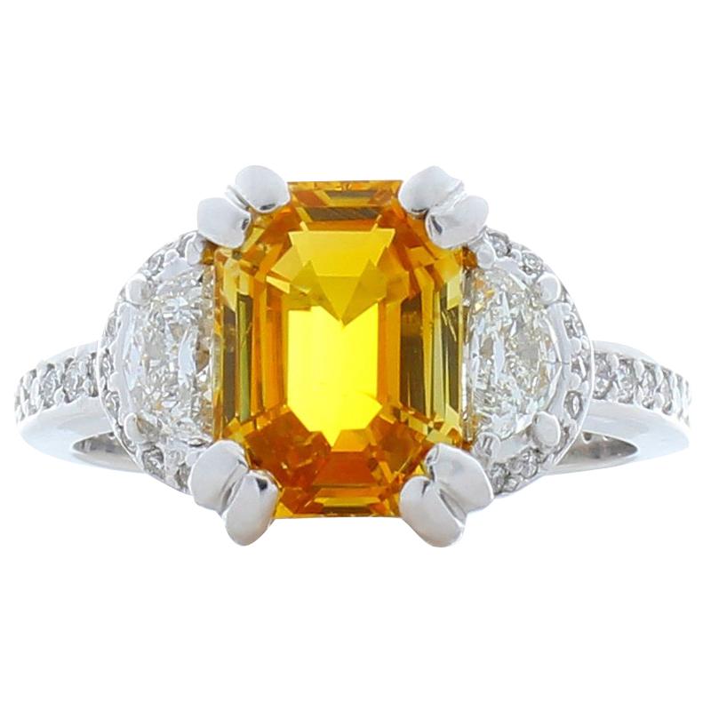 AGL Certified 3.55 Carat Emerald Cut Yellow Sapphire & Half Moon Diamond Ring
