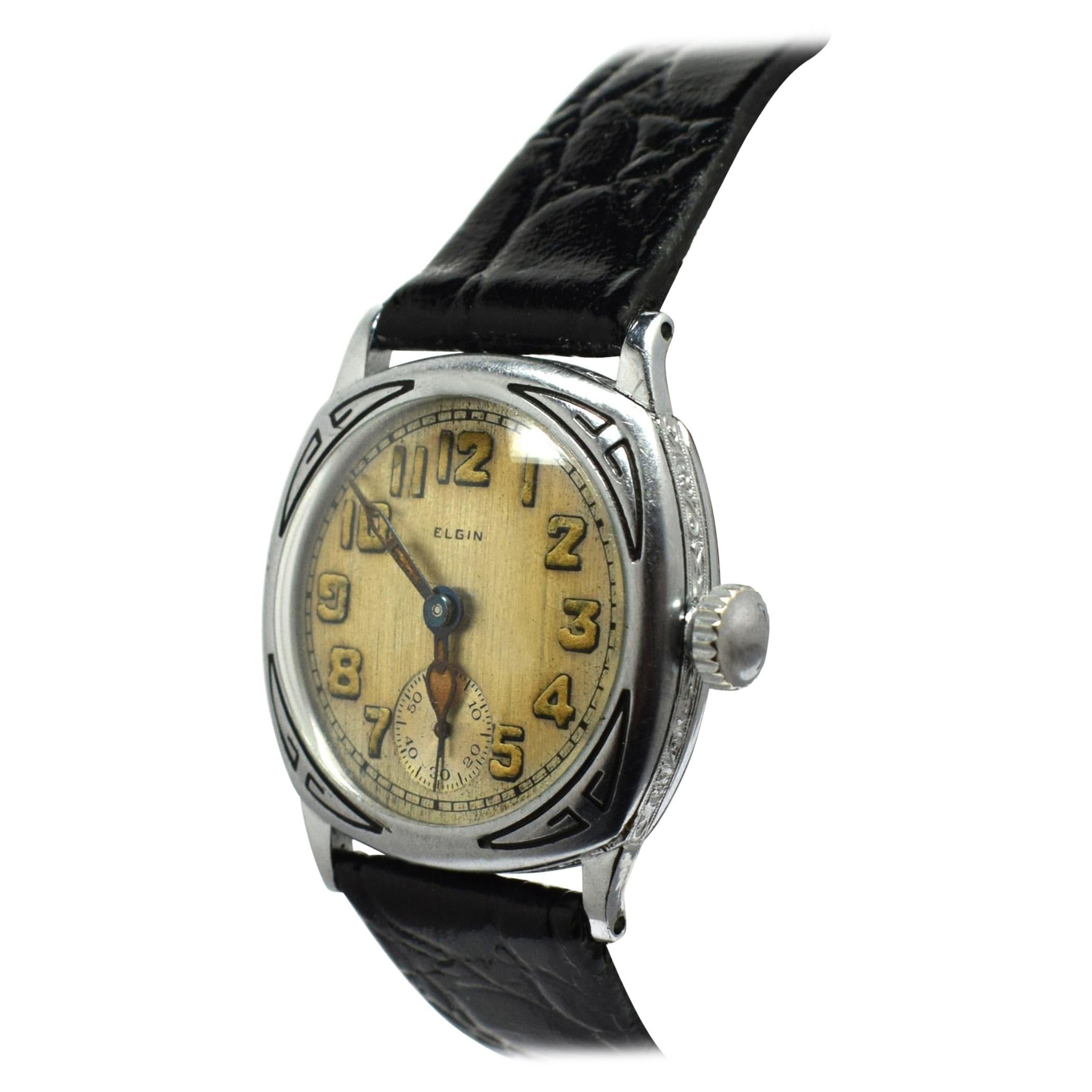 Stunning Art Deco White Gold Filled Gents Wristwatch by Elgin