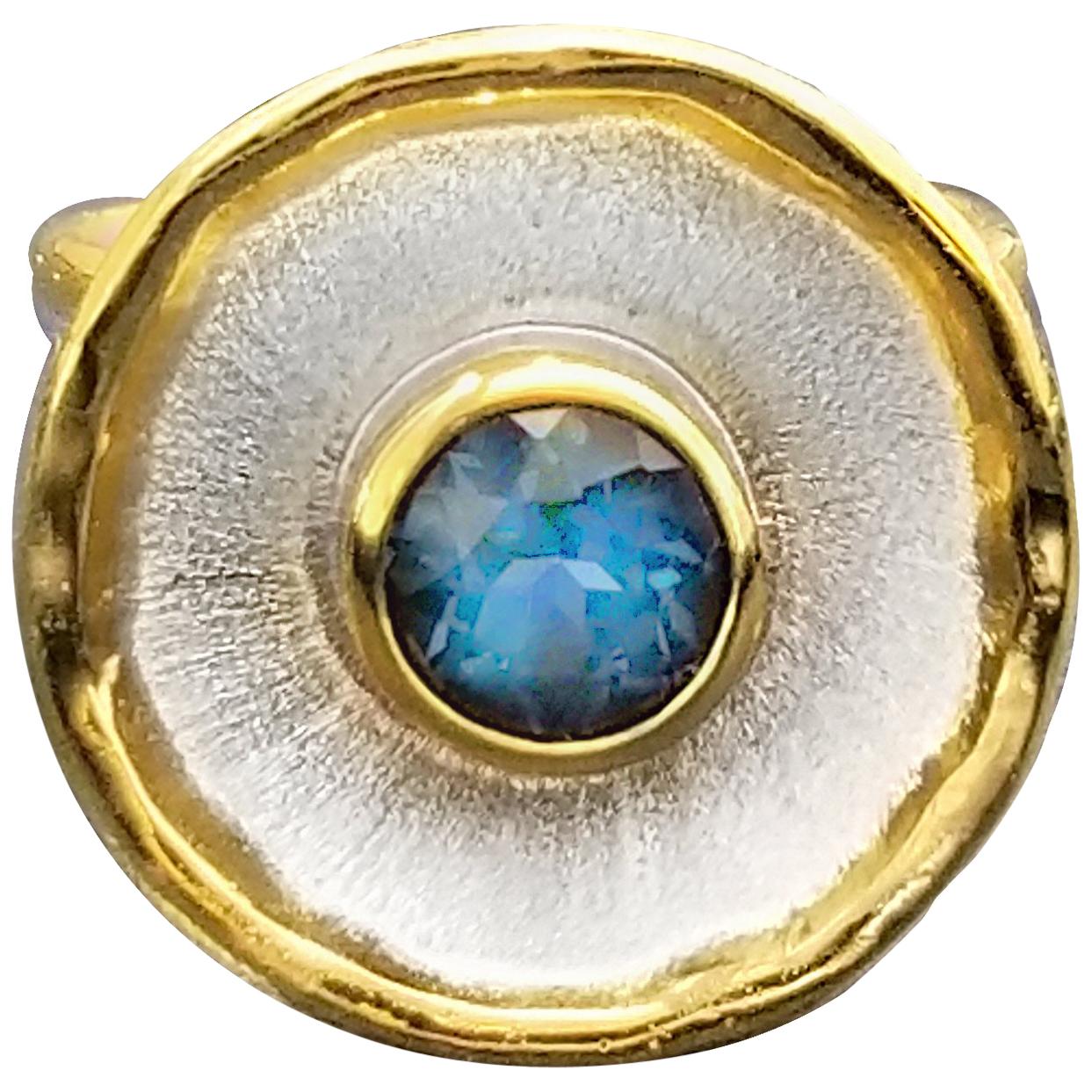 Yianni Creations Blue Topaz Fine Silver and 24 Karat Gold Two Tone Round Ring