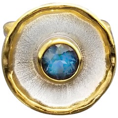 Yianni Creations Blue Topaz Fine Silver and 24 Karat Gold Two Tone Round Ring
