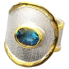 Yianni Creations BlueTopaz Fine Silver 24 Karat Gold Two Tone Wide Band Ring