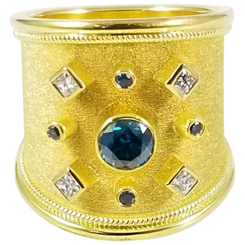 Georgios Collections 18 Karat Yellow Gold Blue and White Diamond Thick Band Ring For Sale