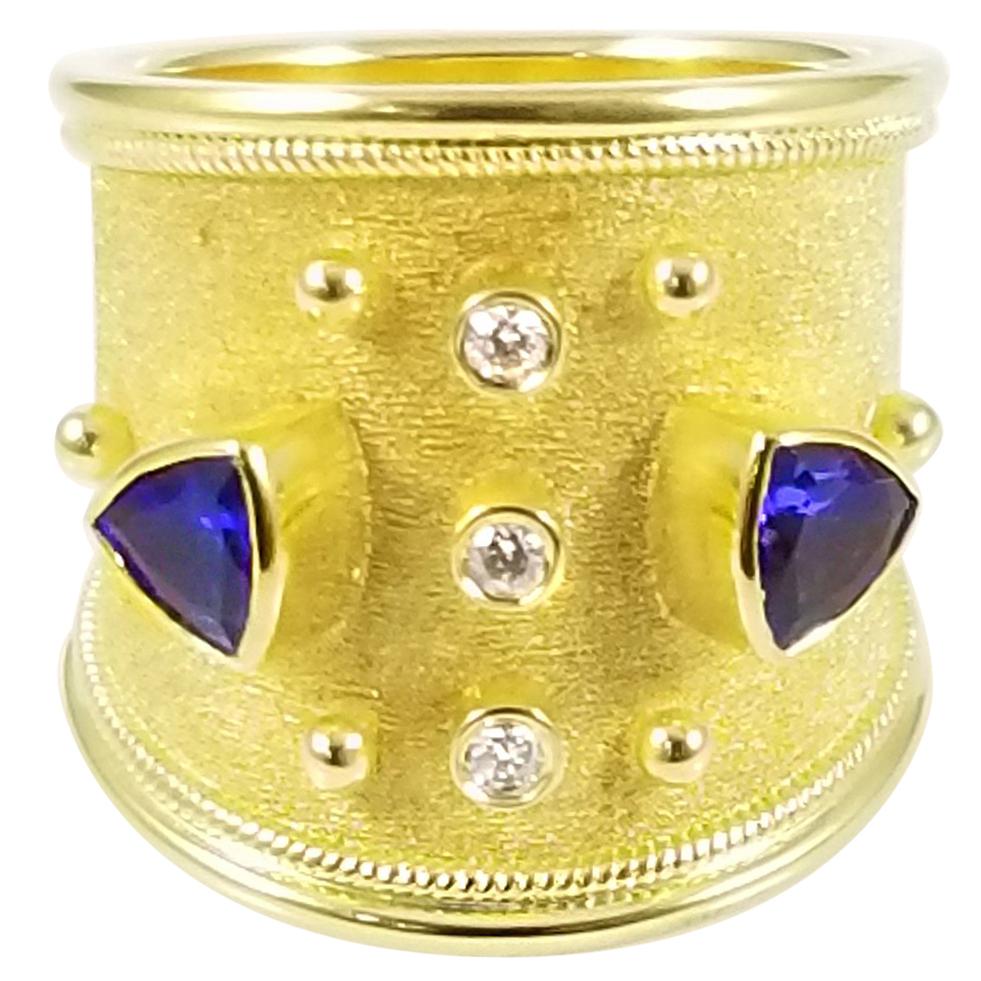 Georgios Collections 18 Karat Yellow Gold Tanzanite and Diamond Thick Band Ring