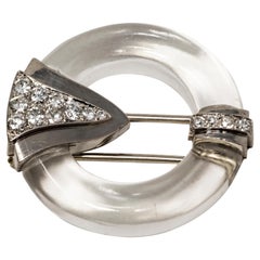 1920s French Art Deco Platinum Diamond Rock Crystal Arrow Circle Pendant Brooch