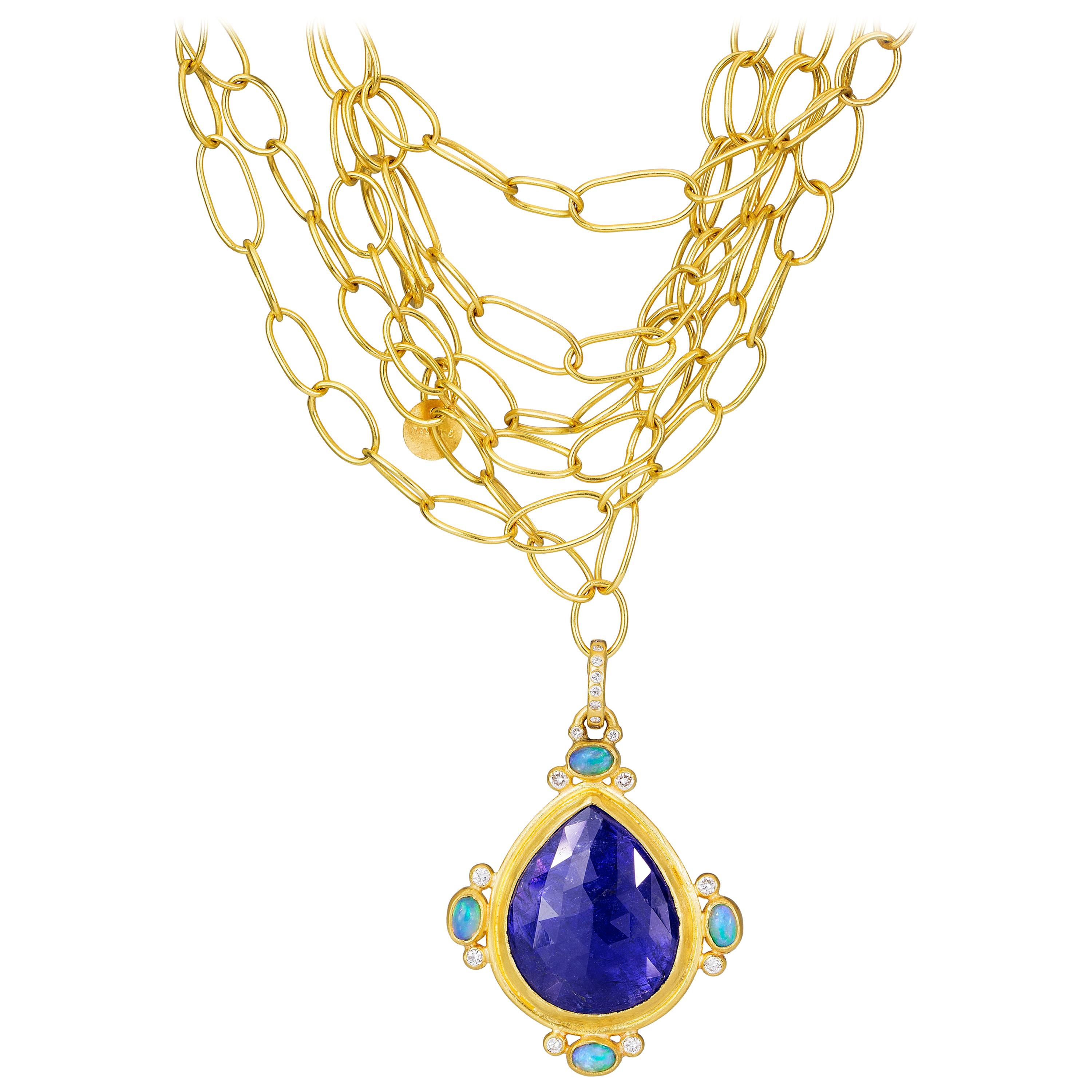 22K Gold Link Necklace with 45 Carat Tanzanite, Ethiopian Opal & Diamond Pendant im Angebot