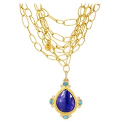 22K Gold Link Necklace with 45 Carat Tanzanite, Ethiopian Opal & Diamond Pendant