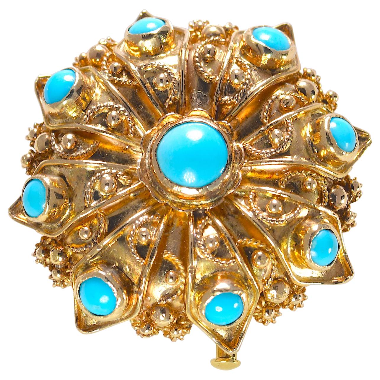 Victorian Cabochon Turquoise Brooch / Pendant 18K Yellow Gold 16.30 Grams For Sale