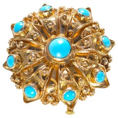 Victorian Cabochon Turquoise Brooch / Pendant 18K Yellow Gold 16.30 Grams