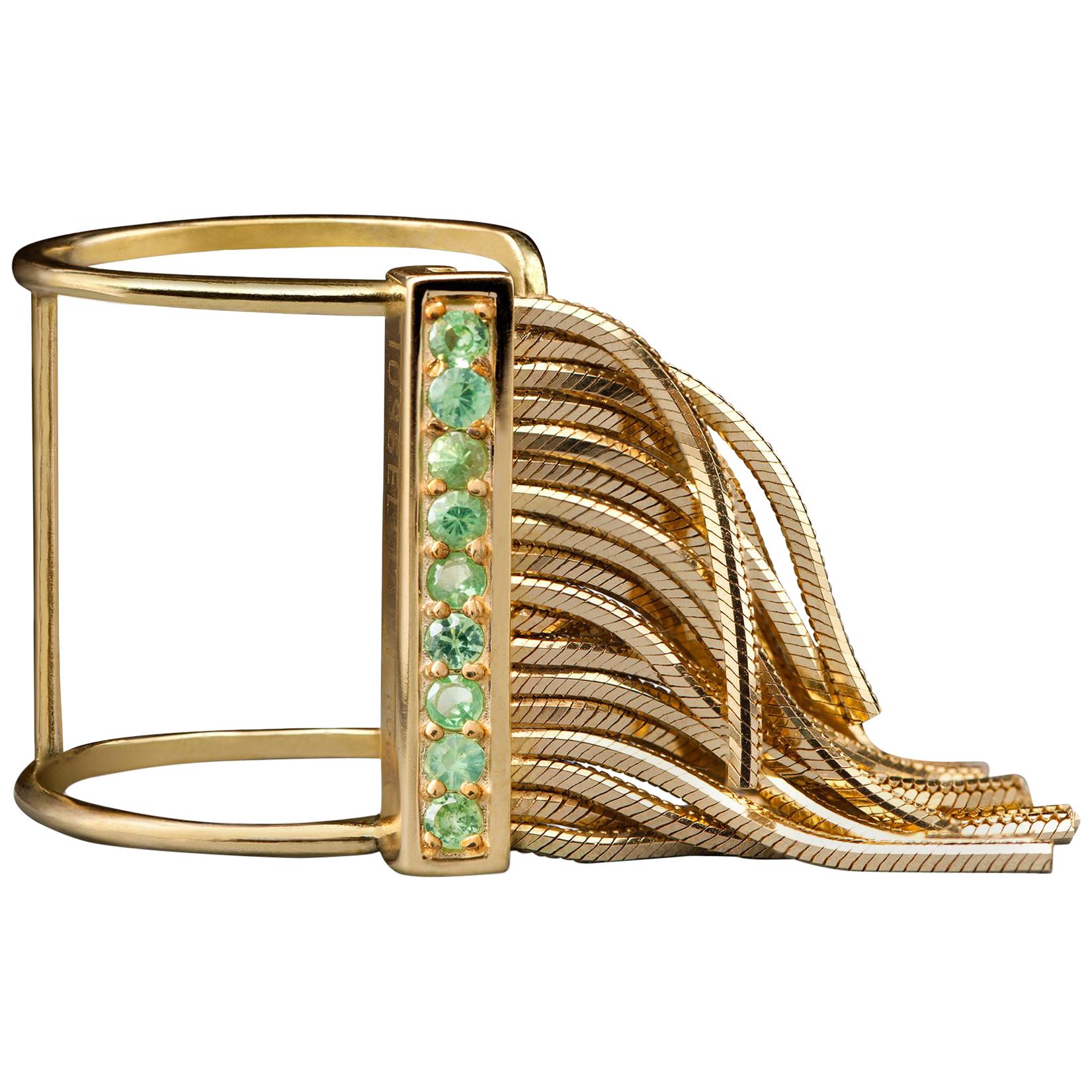 Iosselliani 9 Karat Yellow Gold Fringed Open Ring with Green Sapphires Pavé For Sale