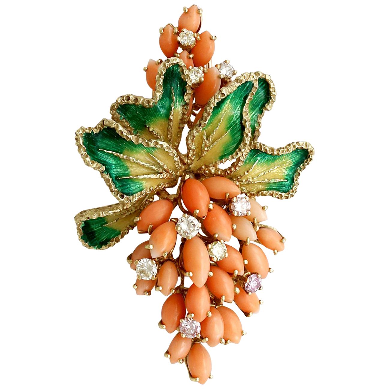 1960s Coral and 1.46 Carat Diamond Enamel and Yellow Gold Floral Brooch