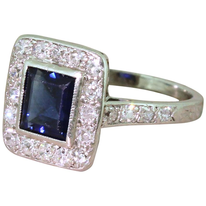 Midcentury 0.95 Carat Sapphire and 0.31 Carat Diamond Cluster Ring