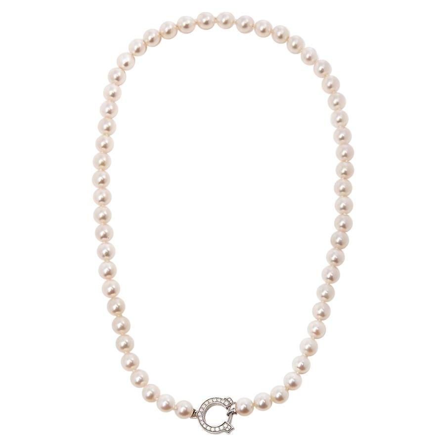 Cartier 18 Karat White Gold Akoya Pearl & Round Cut Diamond Agrafe Necklace