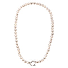 Cartier 18 Karat White Gold Akoya Pearl & Round Cut Diamond Agrafe Necklace