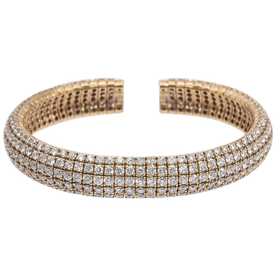 12.40 Carat Flexible Diamond Bangle Bracelet 18 Karat Yellow Gold Open Cuff For Sale