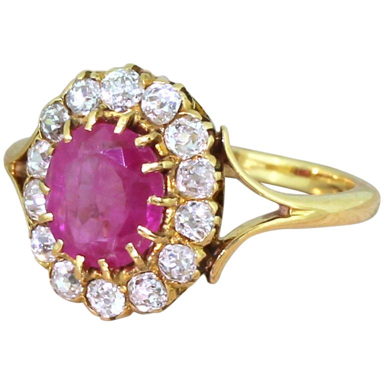 Victorian 1.51 Carat Ruby and Old Cut Diamond Cluster Ring