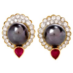 1980s Black Pearl Diamond Ruby Yellow Gold Clip-On Earrings