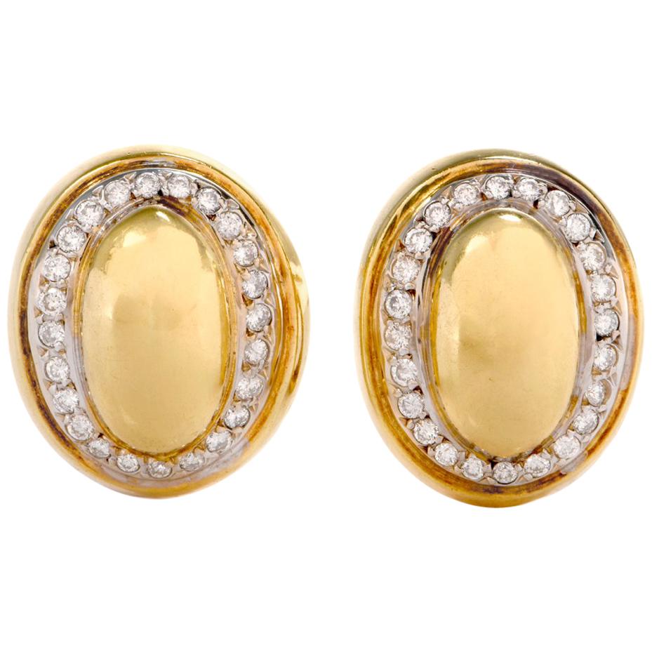 1980s Diamond 18 Karat Yellow Gold Oval Clip-On Earrings