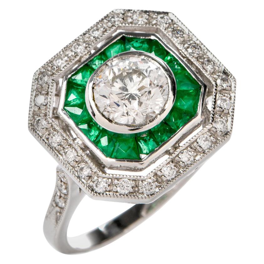 Diamond Platinum French Emerald Engagement Ring