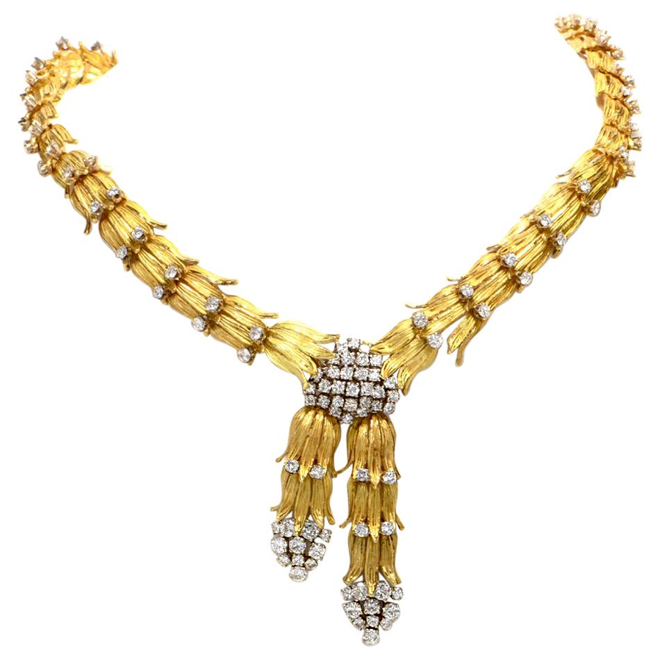 1960s Botanical Diamond Yellow Gold Collar Necklace