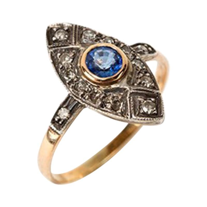 Marquis Ring with Sapphire and 12 Diamonds, circa 1920
