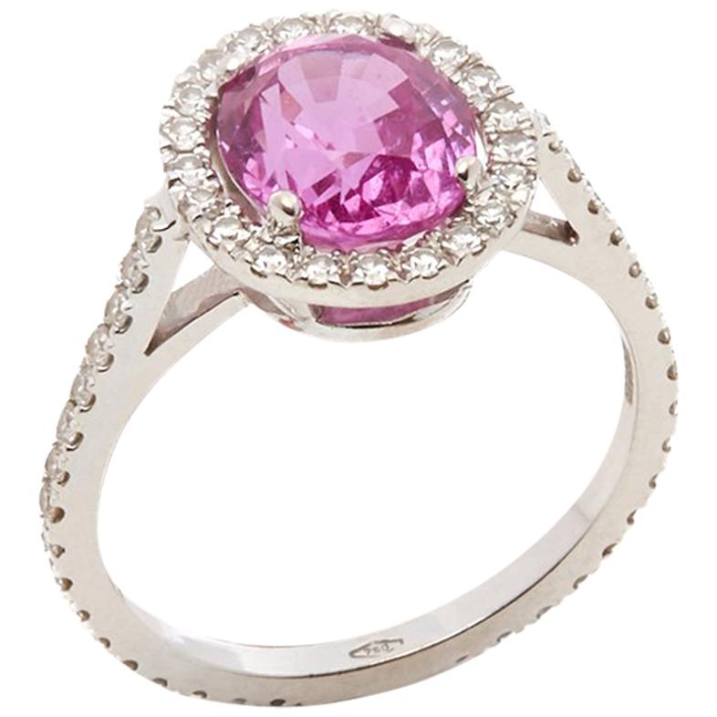 David Morris 18 Karat White Gold Oval Cut Pink Sapphire & Diamond Cocktail Ring