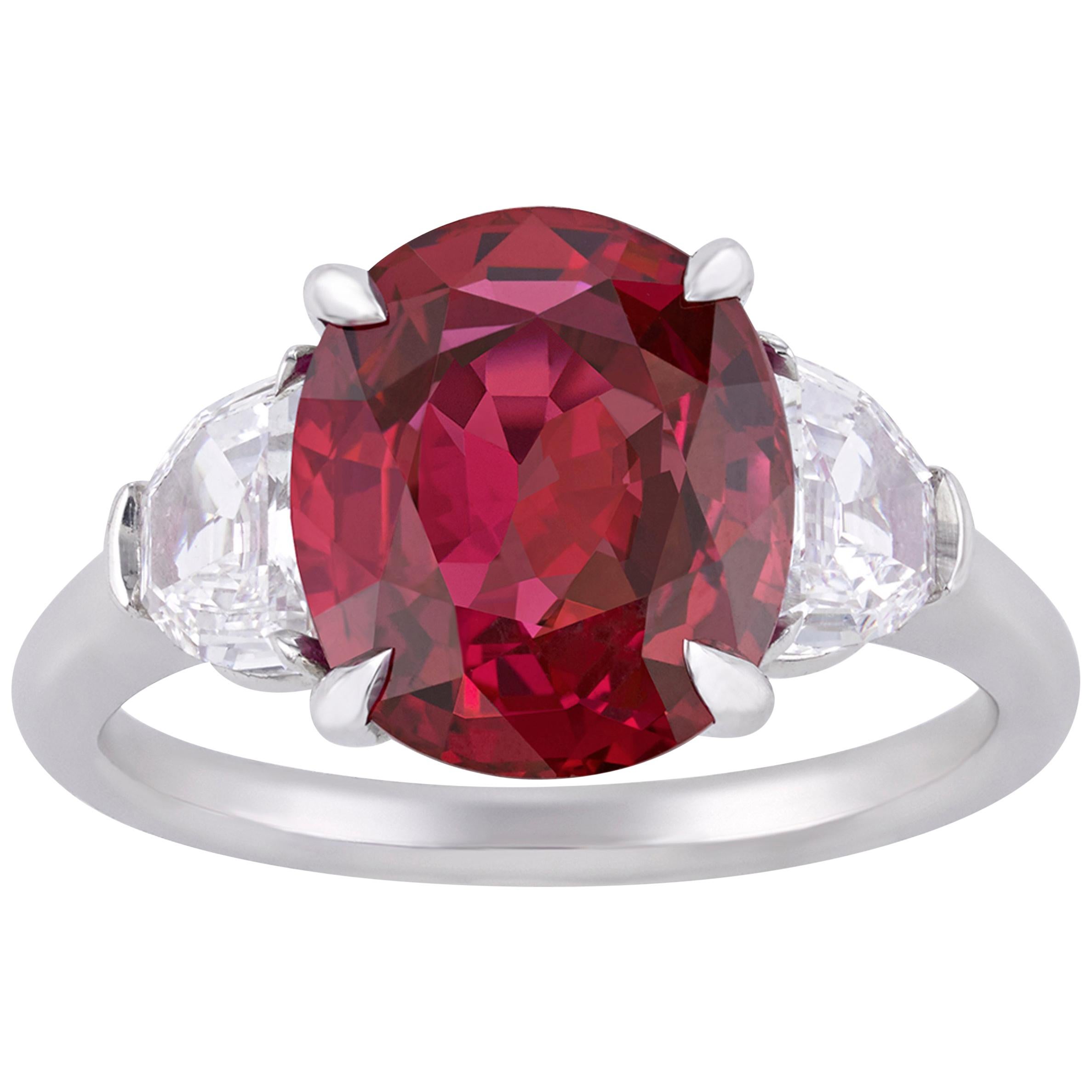 Three-Stone Burma Ruby and Diamond Ring, 4.28 Carat