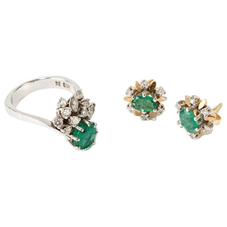 Emerald Jewelry Set with Diamonds, 18 Carat White Gold, 20th Century
