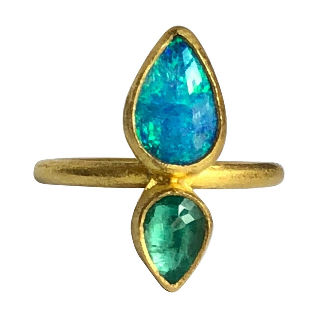 22 Karat Gold, Rose Cut Zambian Emerald, Australian Opal Double Stone Ring