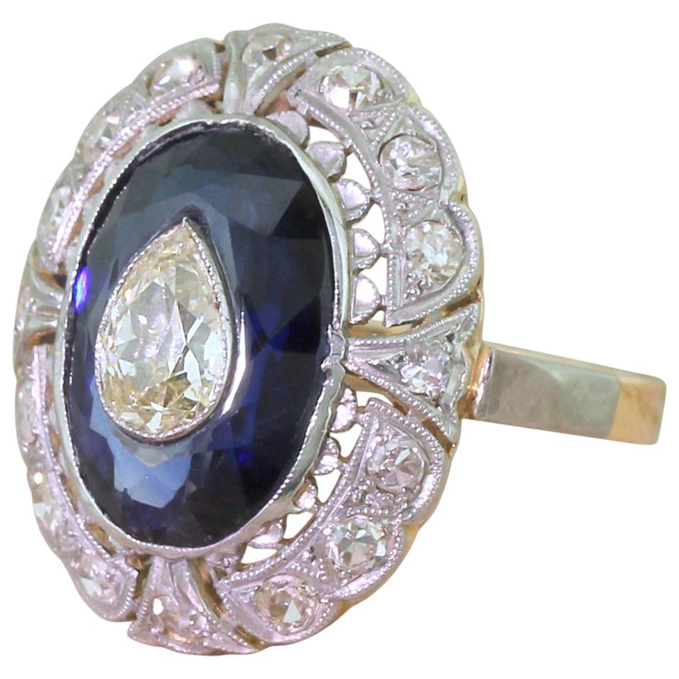 Midcentury Old Pear Cut and Sapphire Cluster Ring For Sale