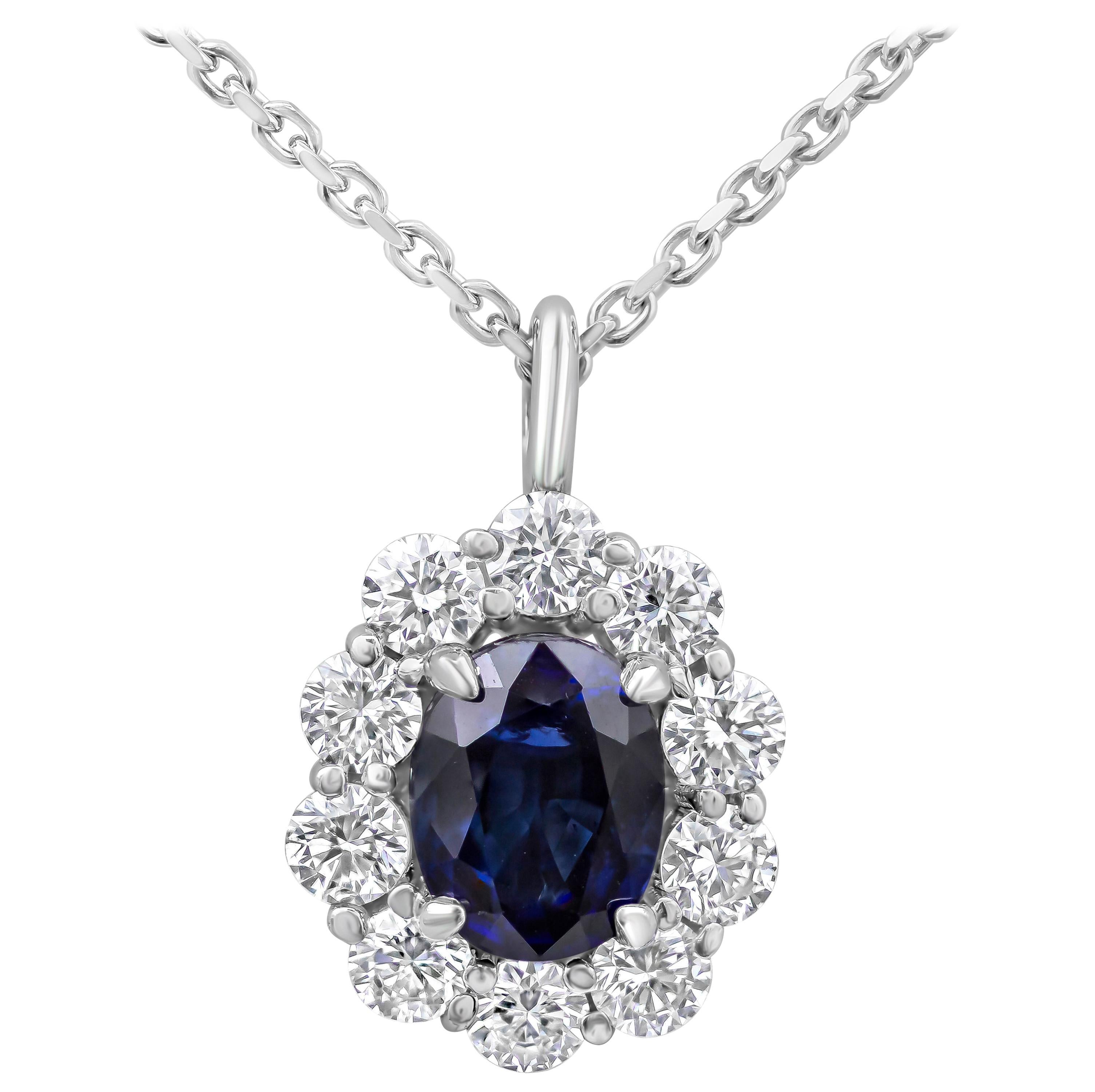 Roman Malakov 1.82 Carat Oval Blue Sapphire with Diamond Halo Pendant Necklace For Sale