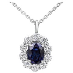 1.82 Carats Oval Cut Blue Sapphire with Round Diamond Halo Pendant Necklace