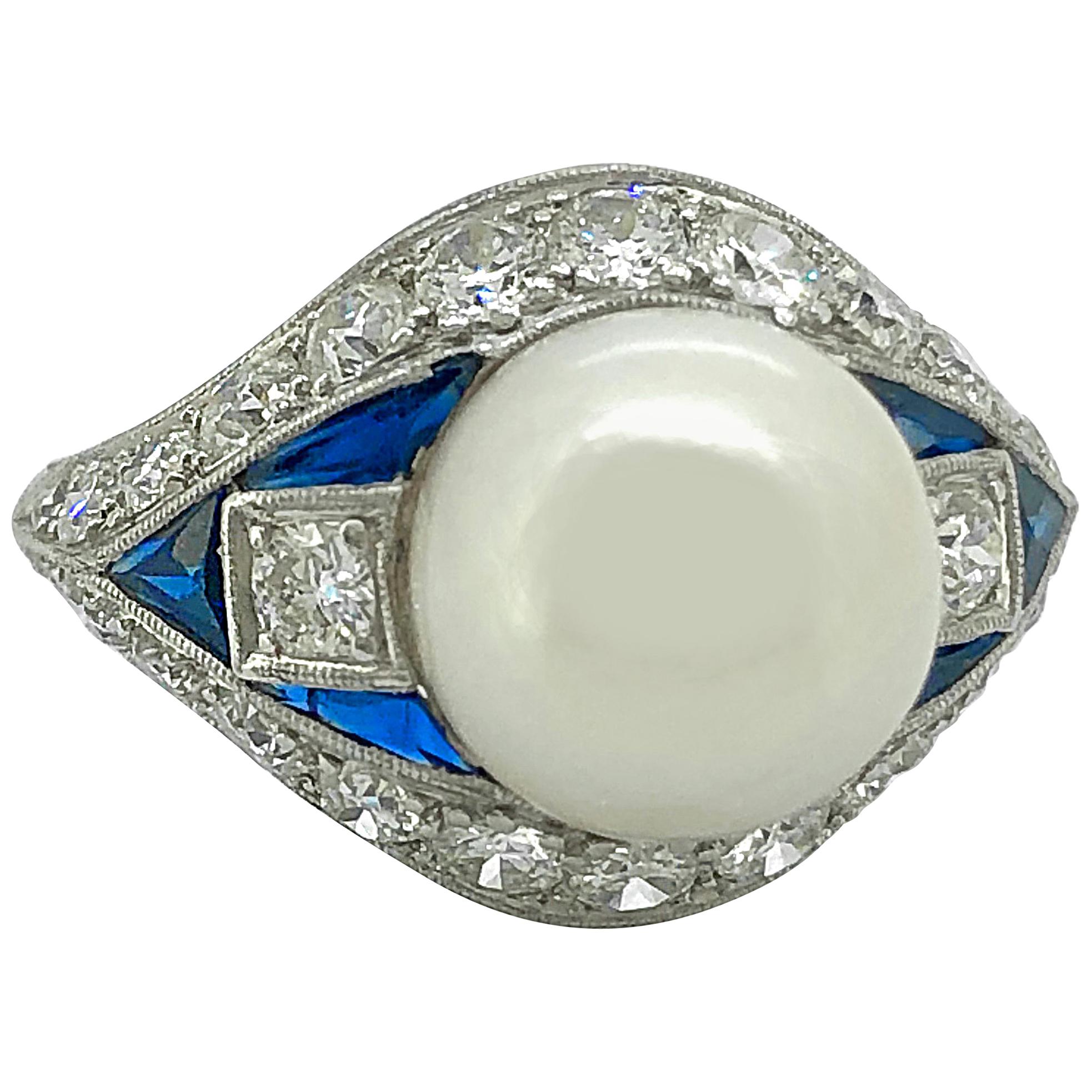 Art Deco Akoya Pearl, Diamond and Sapphire Antique Platinum Ring