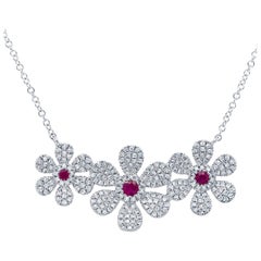 0.48 Carat Diamond and 0.16 Carat Ruby 14 Karat White Gold Flower Necklace