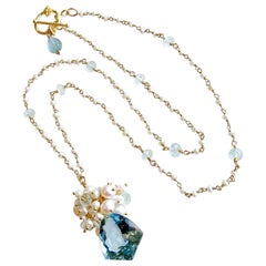 Shield Cut Aquamarine Seed Pearl Cluster Pendant Necklace, Diana II Necklace