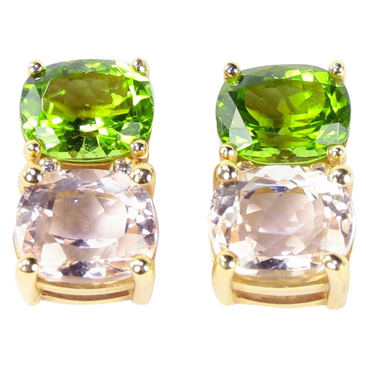 Exquisite Cushion-Cut Peridot and Pink Kunzite Gold Stud Earrings For Sale