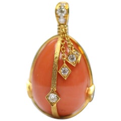 Victorian Style Coral Egg 18 Karat Yellow Gold and Diamond Pendant