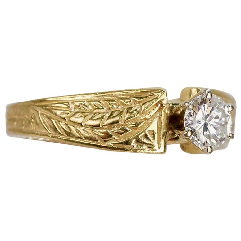 Signed Engraved Modernist 14 Karat Gold & Diamond Solitaire Engagement Ring