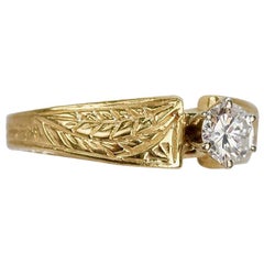 Vintage Signed Engraved Modernist 14 Karat Gold & Diamond Solitaire Engagement Ring