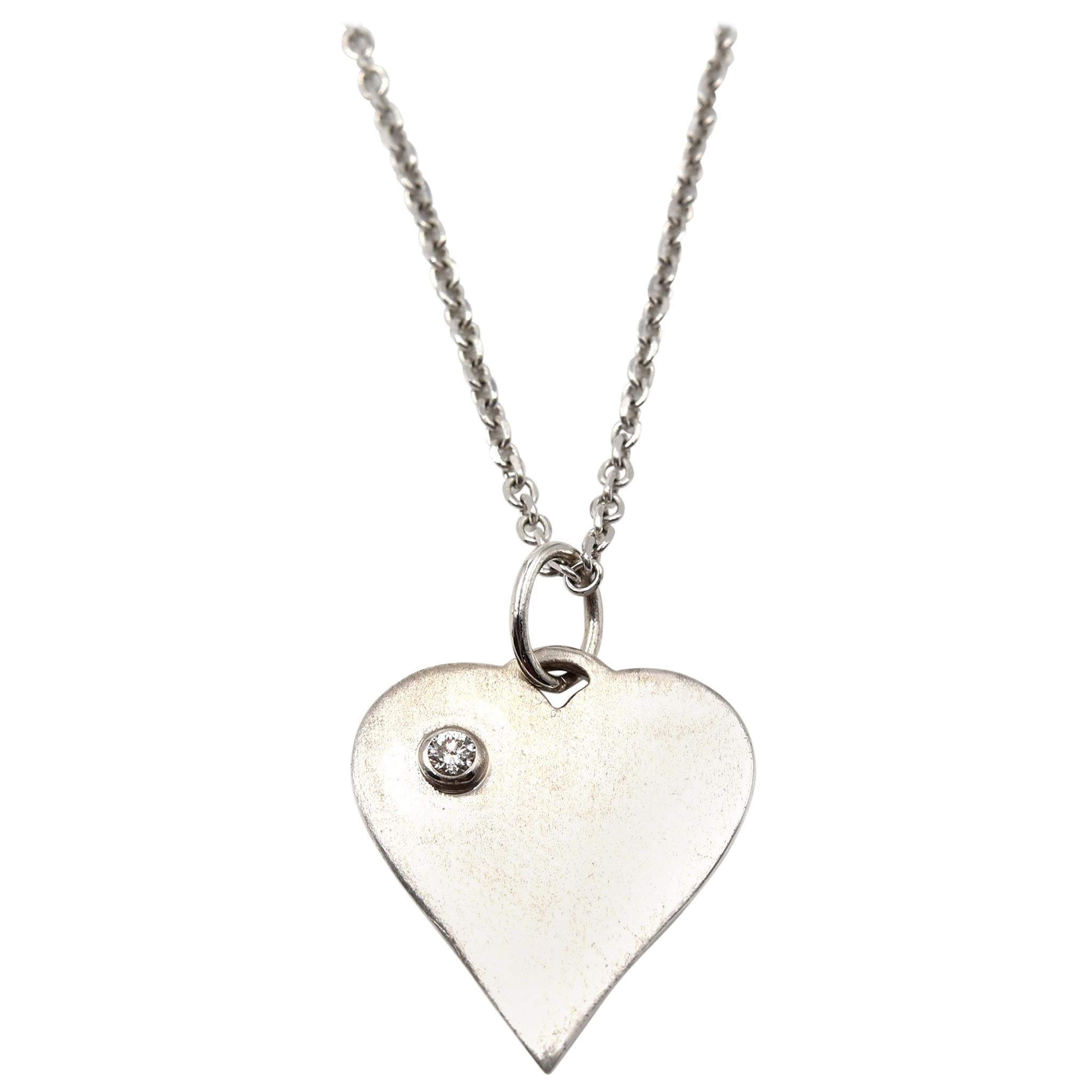 14 Karat White Gold Heart with Diamond Necklace For Sale