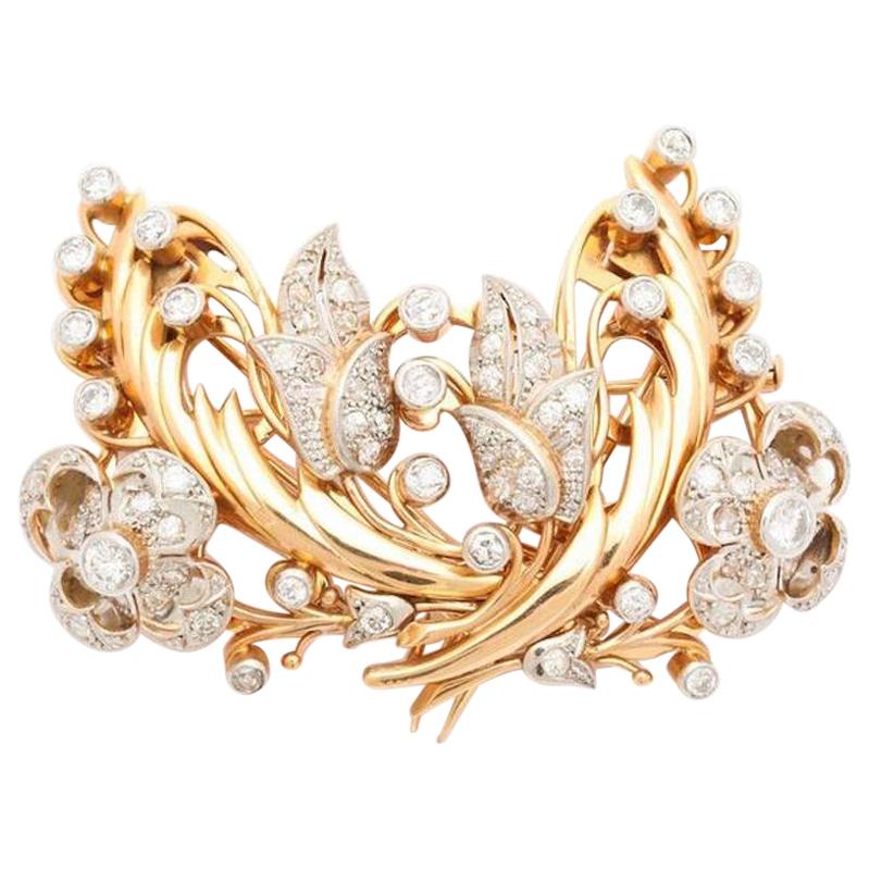 Floral Motif Diamond and Gold Double Clip / Brooch 18 Karat